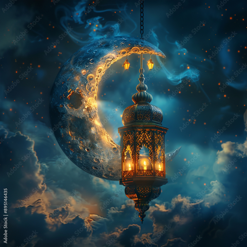Eid mubarak islamic night lantern with moon, ramadan, Eid al Adha celebration banner Eid mubarak islamic night lantern with moon, ramadan, Eid al Adha celebration banner