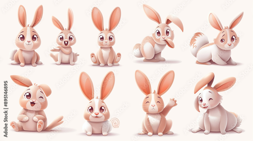 Charming and Adorable Cartoon-Style Rabbit Characters Featuring 8 Distinctive Poses Including Standing, Sitting, Lying Down, Jumping, Playing, Eating, Dancing, and Napping on a Plain White Background Charming and Adorable Cartoon-Style Rabbit Characters Featuring 8 Distinctive Poses Including Standing, Sitting, Lying Down, Jumping, Playing, Eating, Dancing, and Napping on a Plain White Background