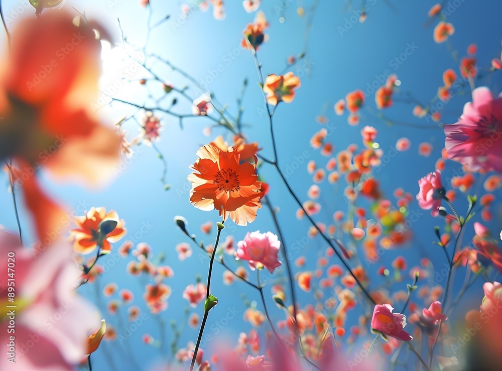 Orange and Pink Flowers Blooming in a Blue Sky Orange and Pink Flowers Blooming in a Blue Sky
