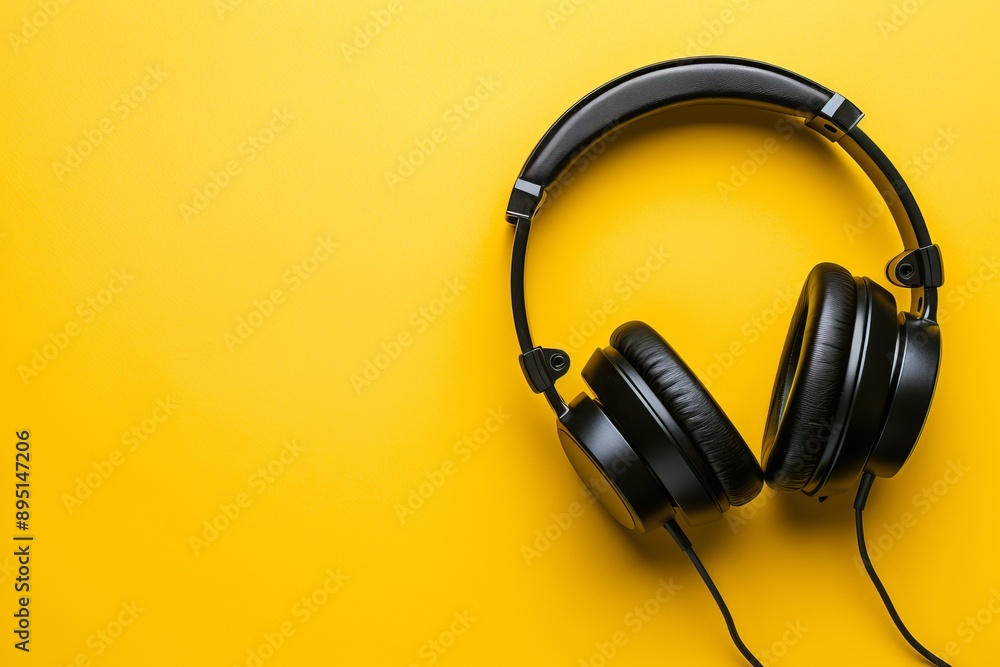A pair of black over-ear headphones featuring cushioned ear cups and a comfortable headband, showcased on a bright yellow background. Represents modern technology, personal audio enjoyment, and styli A pair of black over-ear headphones featuring cushioned ear cups and a comfortable headband, showcased on a bright yellow background. Represents modern technology, personal audio enjoyment, and styli