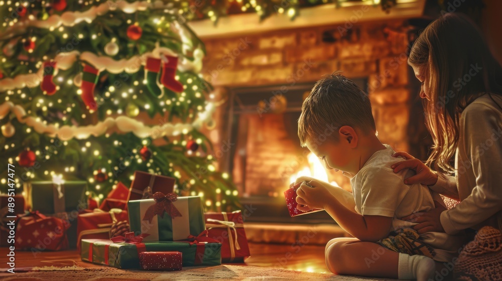 Kids Opening Presents by the Fireplace Kids Opening Presents by the Fireplace