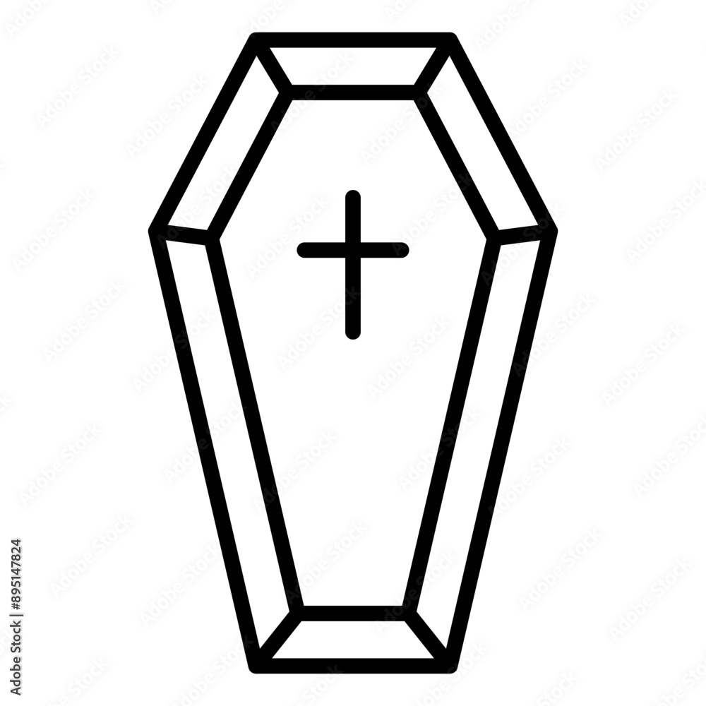 Fototapeta premium Black single coffin with cross line icon, simple death symbol element outline flat design pictogram, infographic vector for app logo web button ui ux interface isolated on white background