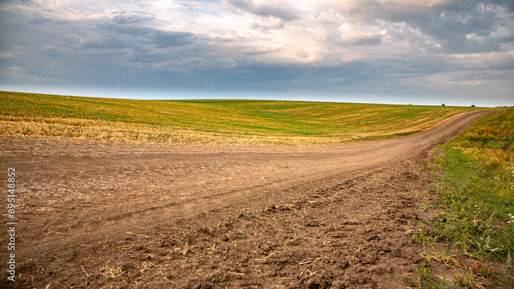 Sunny day on a dirt road through picturesque countryside with green fields under a cloudy sky Sunny day on a dirt road through picturesque countryside with green fields under a cloudy sky