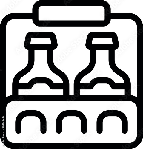 Simple black and white icon of a cardboard beer packaging protecting two glass bottles for safe delivery