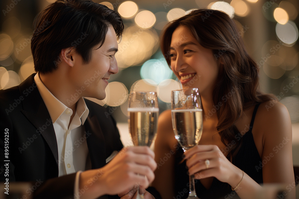 Romantic Couple Toasting with Champagne in an Elegant Candlelit Setting Romantic Couple Toasting with Champagne in an Elegant Candlelit Setting