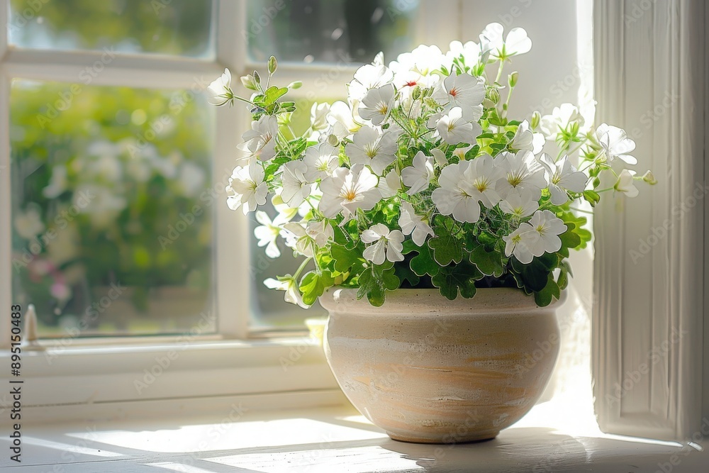 White Geraniums in a Sunny Window Sill White Geraniums in a Sunny Window Sill
