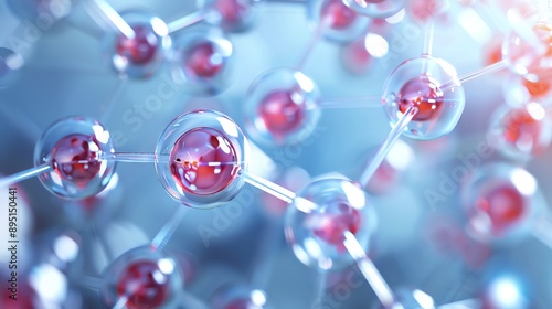 Abstract 3D rendering of a molecule with red and blue spheres connected by lines, representing the microscopic world.