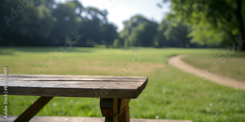  empty wooden picnic table in a sunny park perfect for showcasing products