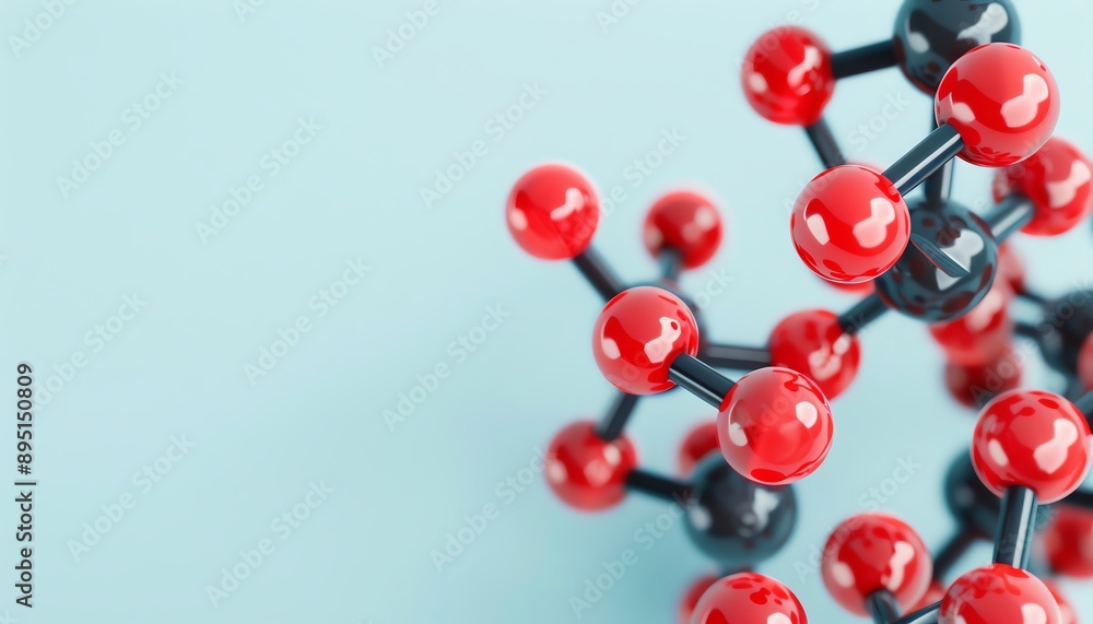 Abstract molecular structure with red and black spheres on blue background. Abstract molecular structure with red and black spheres on blue background.