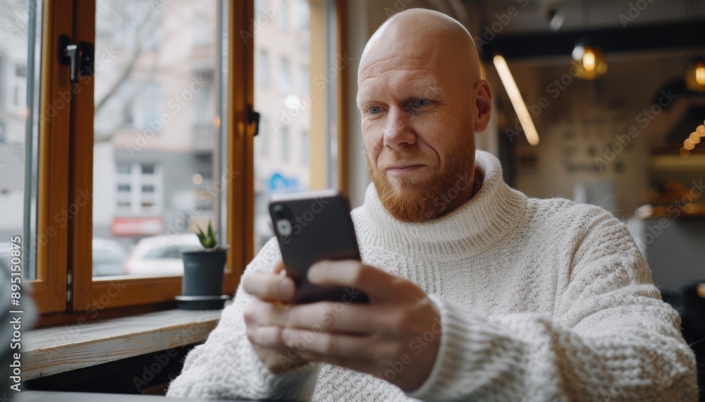 A man uses his phone while sitting by a window. AI. A man uses his phone while sitting by a window. AI.