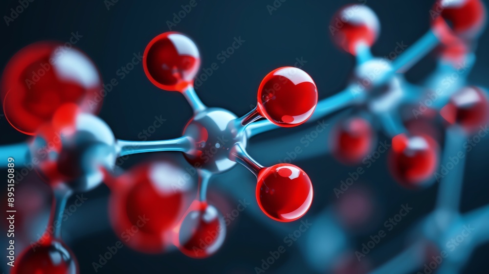 Close-up of a molecular structure with red and white atoms connected by blue bonds. Close-up of a molecular structure with red and white atoms connected by blue bonds.