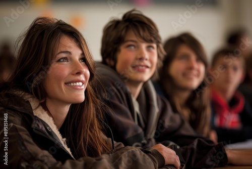 A group of young people look up and smile. AI.