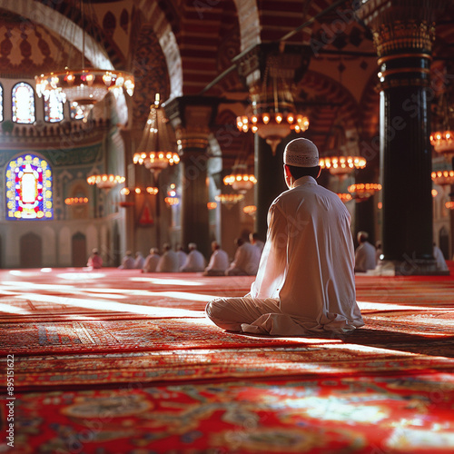 Muslim man praying in Eid mubarak islamic, ramadan celebration banner