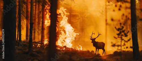 A deer stands silhouetted against a blazing fire in a forest. AI.