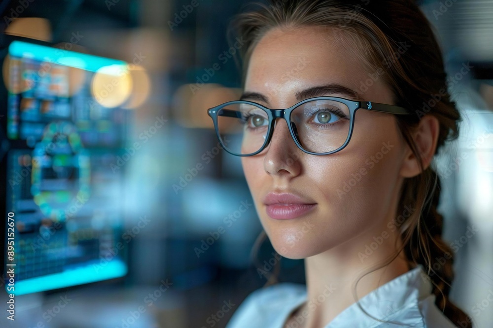 young beautiful woman with eyeglasses and a well-groomed beard wearing futuristic clothing, using holographic screens to calculate invoices in a high-tech office setting. young beautiful woman with eyeglasses and a well-groomed beard wearing futuristic clothing, using holographic screens to calculate invoices in a high-tech office setting.