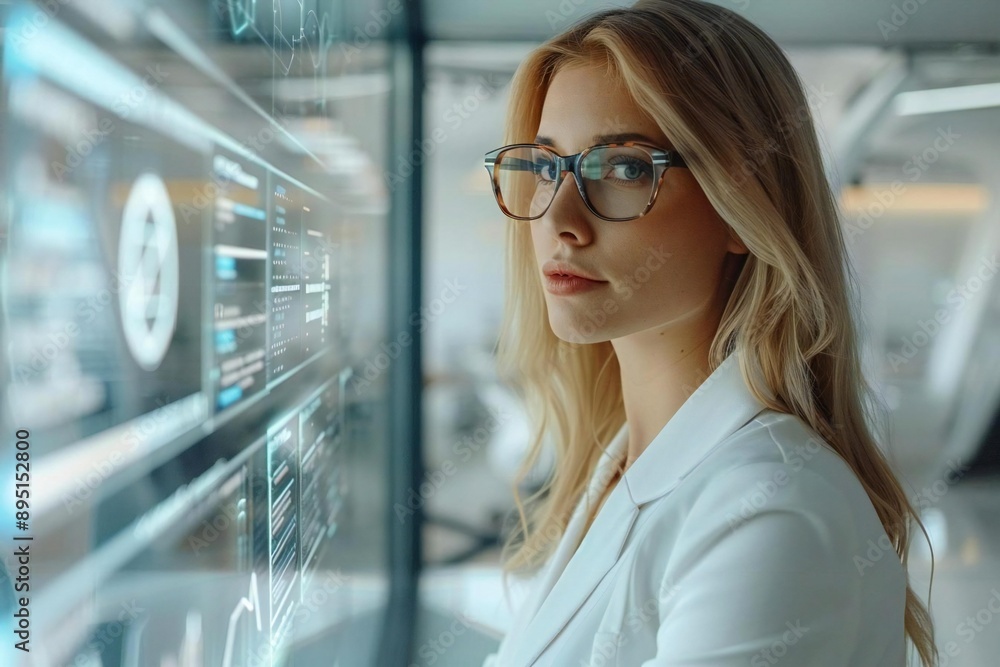 Fototapeta premium Innovative holographic screens project data around beautiful businesswoman in futuristic office setting.