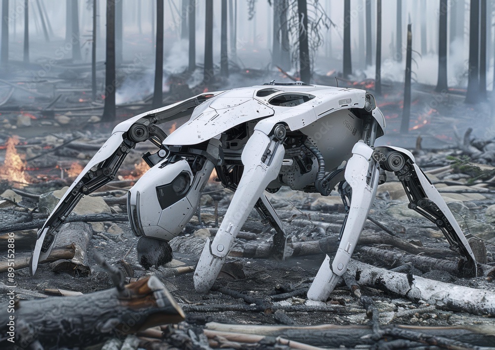 Obraz premium A white robotic creature walks through a forest after a fire. AI.