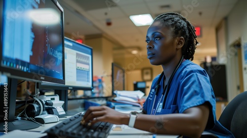 A dedicated medical professional in blue scrubs diligently working on a computer in a stateoftheart hospital setting