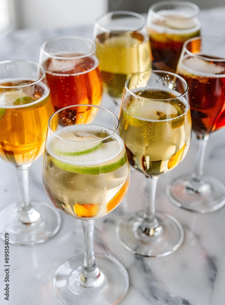 Sparkling Apple Cider With Apple Slices In Wine Glasses Sparkling Apple Cider With Apple Slices In Wine Glasses