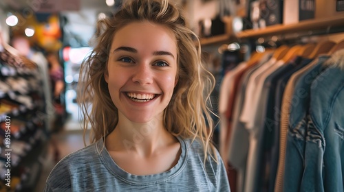 Happy Young Woman Smiling in Clothing Store photo