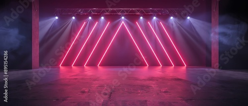 Neon lights illuminate a dark stage with spotlights.