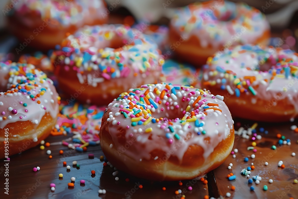 Glazed donuts with colorful toppings on a shiny surface Glazed donuts with colorful toppings on a shiny surface