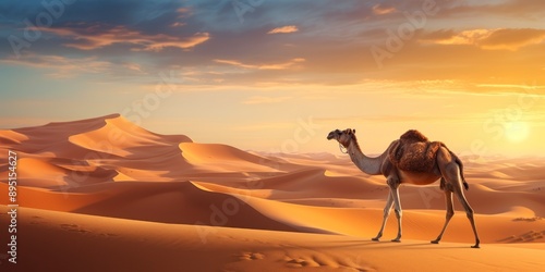 Camel in the desert at sunset.