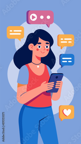 A girl receives messages in different apps. Vector