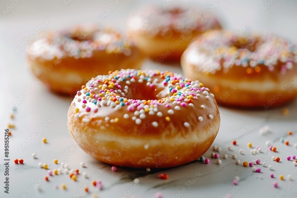 Glazed donuts with colorful toppings on a shiny surface Glazed donuts with colorful toppings on a shiny surface