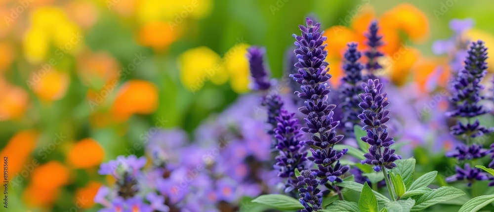A colorful garden showcasing clusters of rich purple salvia blooms, banner, with copy space A colorful garden showcasing clusters of rich purple salvia blooms, banner, with copy space