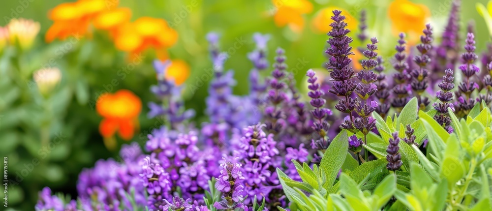 Obraz premium A colorful garden showcasing clusters of rich purple salvia blooms, banner, with copy space