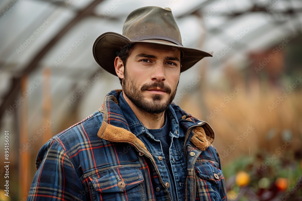 A young male farmer in a plaid shirt and cowboy hat stands in a greenhouse, surrounded by lush green plants, looking at the camera with a serious expression on his face A young male farmer in a plaid shirt and cowboy hat stands in a greenhouse, surrounded by lush green plants, looking at the camera with a serious expression on his face