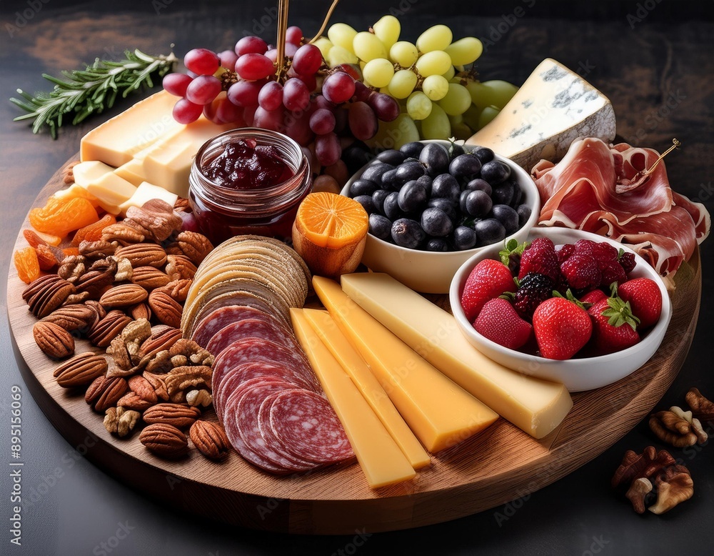 A beautifully arranged charcuterie board with an assortment of cheeses, cured meats, fruits A beautifully arranged charcuterie board with an assortment of cheeses, cured meats, fruits