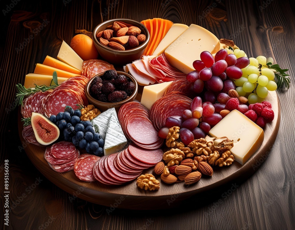 A beautifully arranged charcuterie board with an assortment of cheeses, cured meats, fruits A beautifully arranged charcuterie board with an assortment of cheeses, cured meats, fruits