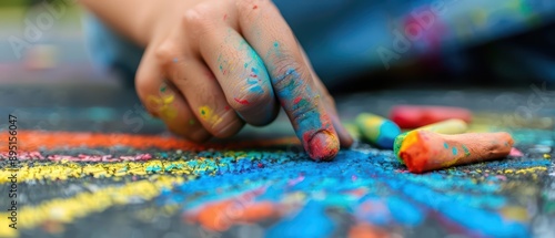 A creative sidewalk chalk art session with vibrant designs, banner, with copy space