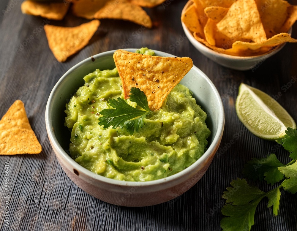 A bowl of homemade guacamole with tortilla chips and a sprinkle of cilantro