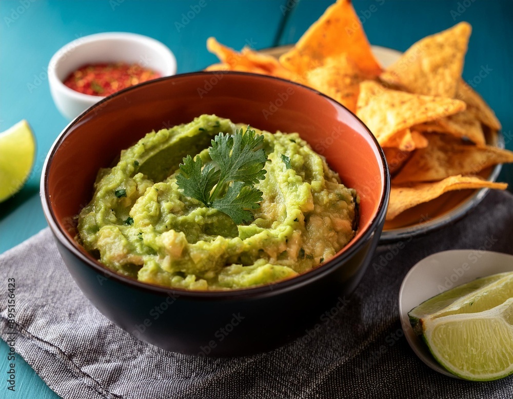 A bowl of homemade guacamole with tortilla chips and a sprinkle of cilantro