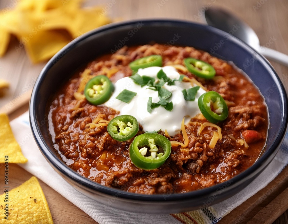 A bowl of spicy chili con carne topped with sour cream, shredded cheese, and jalapeño slices A bowl of spicy chili con carne topped with sour cream, shredded cheese, and jalapeño slices