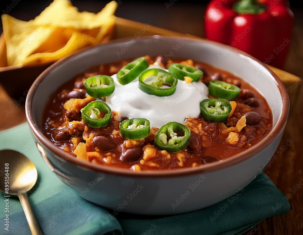A bowl of spicy chili con carne topped with sour cream, shredded cheese, and jalapeño slices A bowl of spicy chili con carne topped with sour cream, shredded cheese, and jalapeño slices