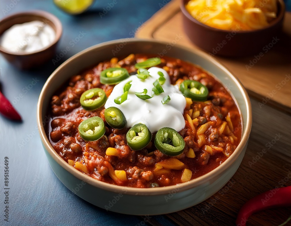 A bowl of spicy chili con carne topped with sour cream, shredded cheese, and jalapeño slices A bowl of spicy chili con carne topped with sour cream, shredded cheese, and jalapeño slices