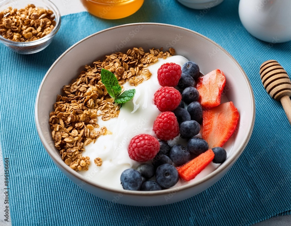 A breakfast bowl with Greek yogurt, honey, granola, and fresh mixed berries. A breakfast bowl with Greek yogurt, honey, granola, and fresh mixed berries.