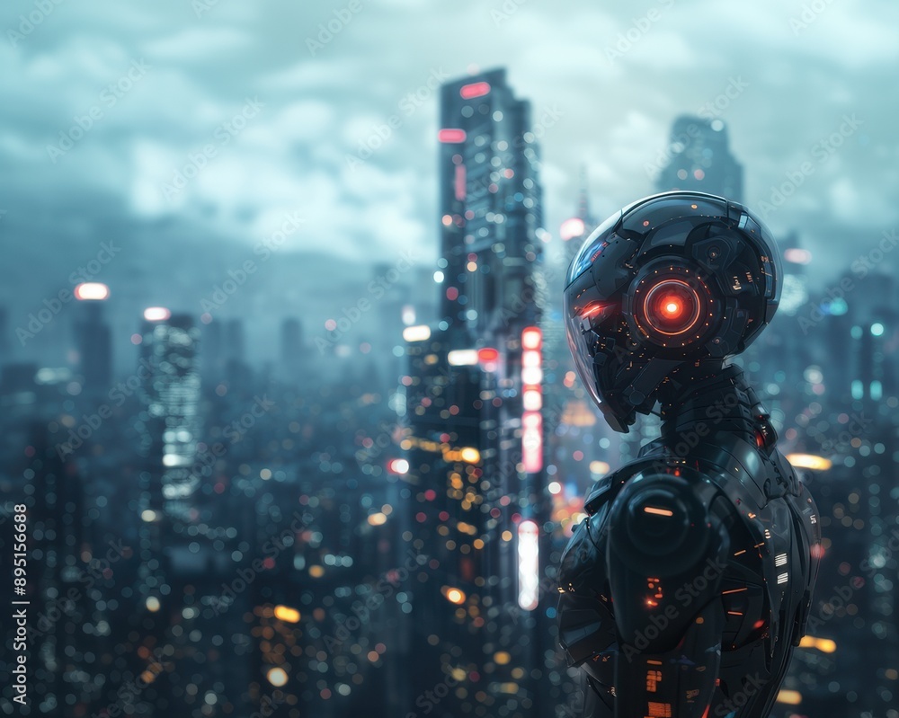 Futuristic Robot Overlooking Cityscape. Futuristic Robot Overlooking Cityscape.