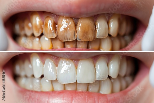 Close-up of teeth showing a dramatic transformation before and after a professional whitening treatment.