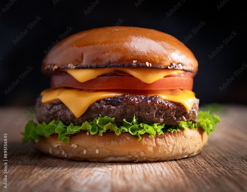 A classic burger with a juicy beef patty, melted cheddar cheese, lettuce, tomato, and a toas A classic burger with a juicy beef patty, melted cheddar cheese, lettuce, tomato, and a toas