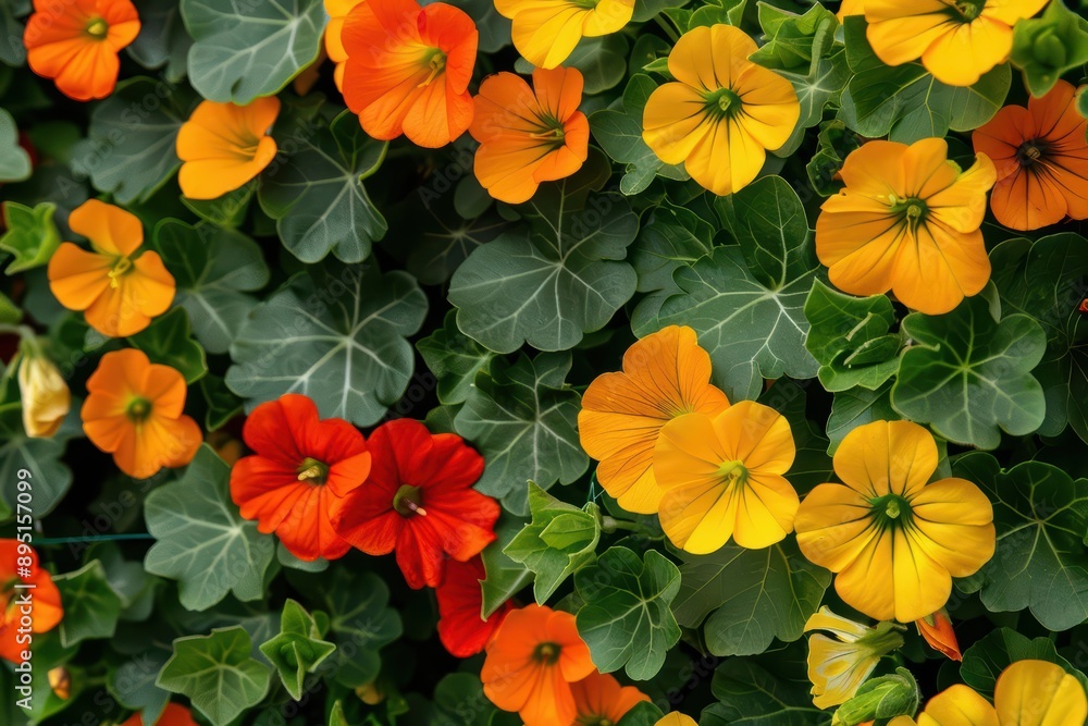A lively flower bed brightened by the cheerful hues of nasturtiums, banner, with copy space A lively flower bed brightened by the cheerful hues of nasturtiums, banner, with copy space