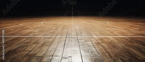 A pristine basketball court with polished wooden floors, banner, with copy space photo