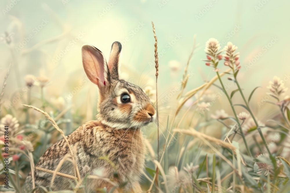 Fototapeta premium A rabbit is showcased in an ultramodern, supernatural scene, featuring a rabbit hopping through a mystical meadow with ample copy space