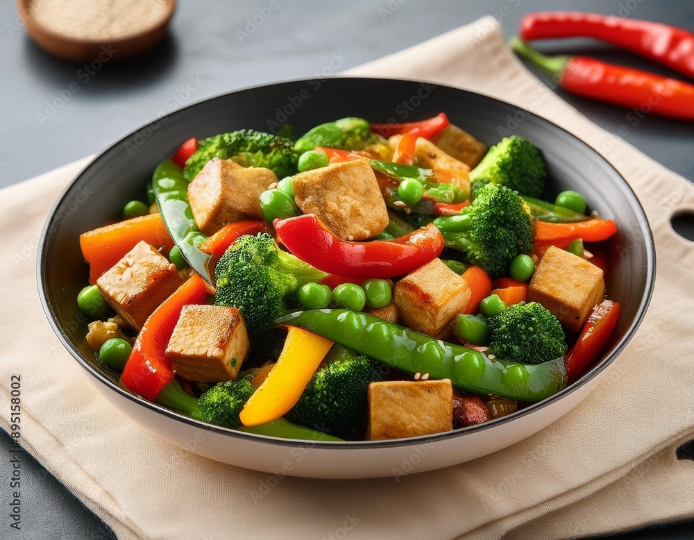 A colorful vegetable stir-fry with bell peppers, broccoli, snap peas, and tofu in a savory A colorful vegetable stir-fry with bell peppers, broccoli, snap peas, and tofu in a savory