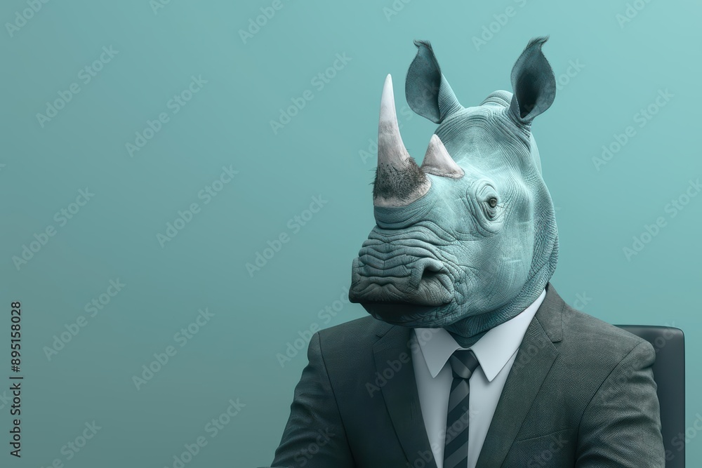 A rhinoceros in a business suit is giving a presentation in a ghostly boardroom with copy space A rhinoceros in a business suit is giving a presentation in a ghostly boardroom with copy space