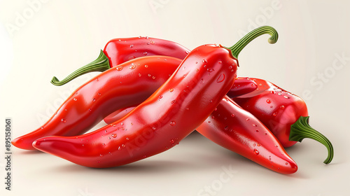 Two red chili peppers laying on a white surface with green leaves